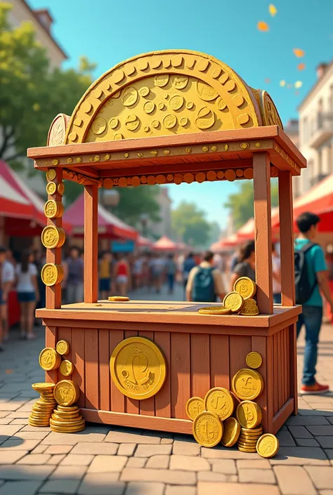 create a layout of a booth with a theme coins. Like in a school fair. JUST A TABLE WITH DESIGN. The angle must be in front with no people. Just add diy poles beside the table where there is money/coin design. Also create like a diy roof about coins. MAKE I...