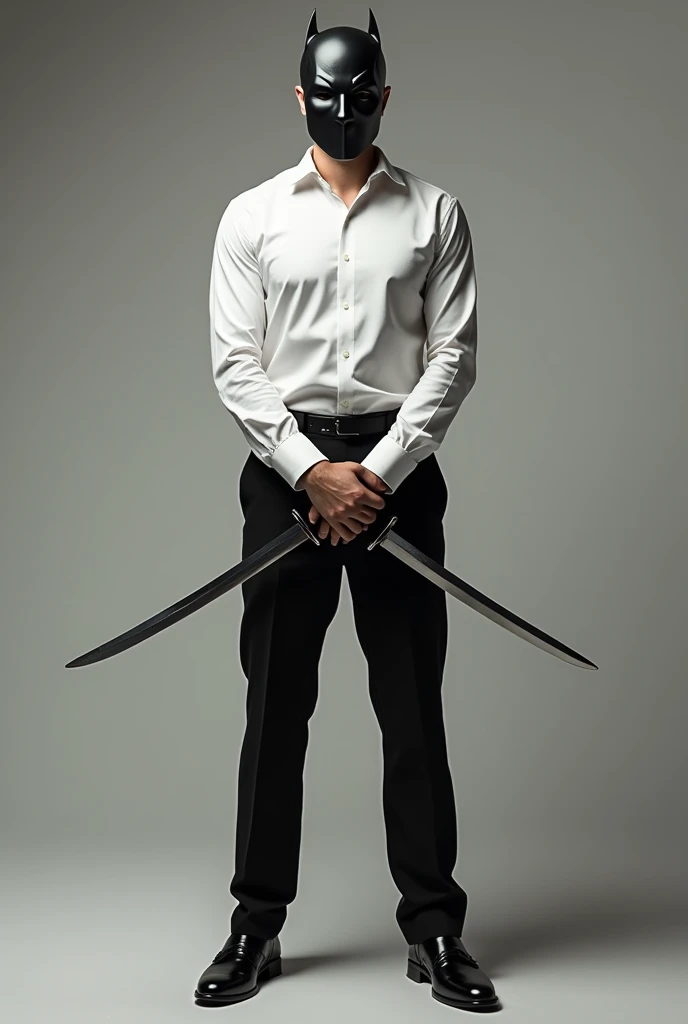 A Robert Pattinson 
with Black formal pant black shoes, plane white shirt with folding hands. deathstroke Mask and two swords in handa