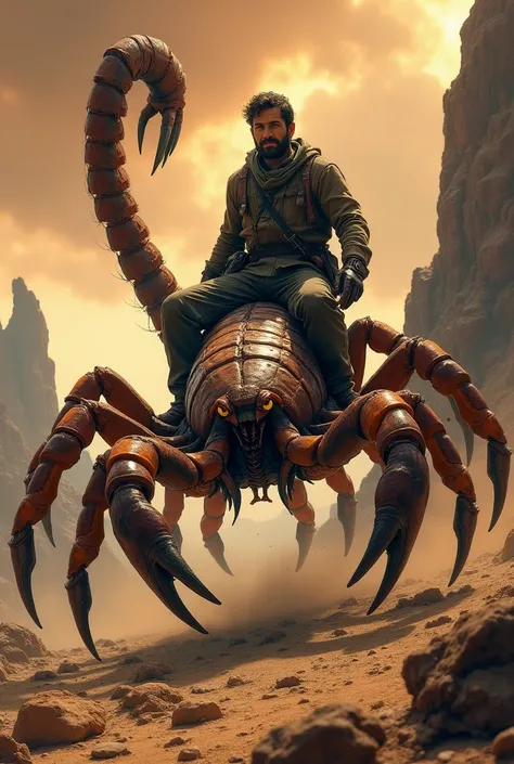 Make a picture of a man riding a scorpion version 9:16