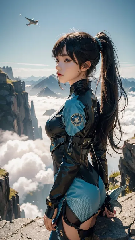 masterpiece, high detail, Bangs, ponytail, 1 girl, Seven-part shot, character profile, realism, A girl wearing a flying fish suit，The side of the head is at a 45-degree angle upwards，Watching the dragon flying down from the sky。A mountain in the background...