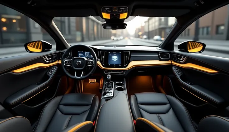 Volvo XC60 interior design concept, seat black, color interior black and yellow, steering black, high end interior, elegant interior, inside of a car, glowing interior components, leather interior, Volvo XC60, highly detailed interior, modern car design, V...