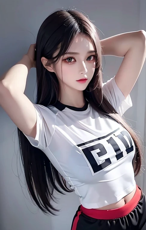 Woman with long hair straight, football jersey 84 in shirt, high detailed, realistic, ultra realistic, football skin t shirt and ((football short pant)), grey color shirt football skin shirt and black pant, ((red eyes)), tattoo arm, ((right arm tattoo)), t...