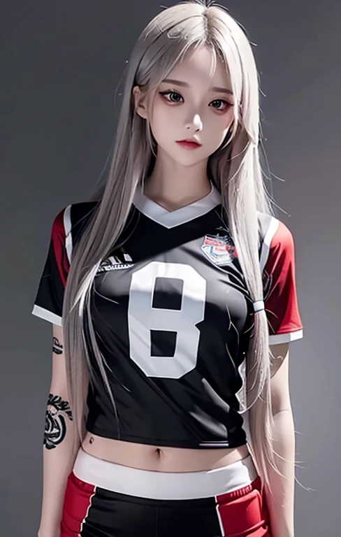 Woman with long hair straight, football jersey 84 in shirt, high detailed, realistic, ultra realistic, football skin t shirt and ((football short pant)), grey color shirt football skin shirt and black pant, ((red eyes)), tattoo arm, ((right arm tattoo)), t...