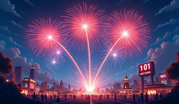 3d,cartoon style,45 degree angle view,Night view,[City,brilliant fireworks,national day,fireworks display,Fireworks of different colors,no characters,amusement park,There is 101 building,Matenri,casino,dark blue,deep red,No trees,