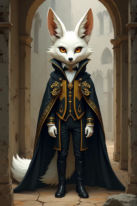 anthropomorphic white fox, well dressed and with a black and gold cape, in a medieval corridor, furry graffiti drawing style