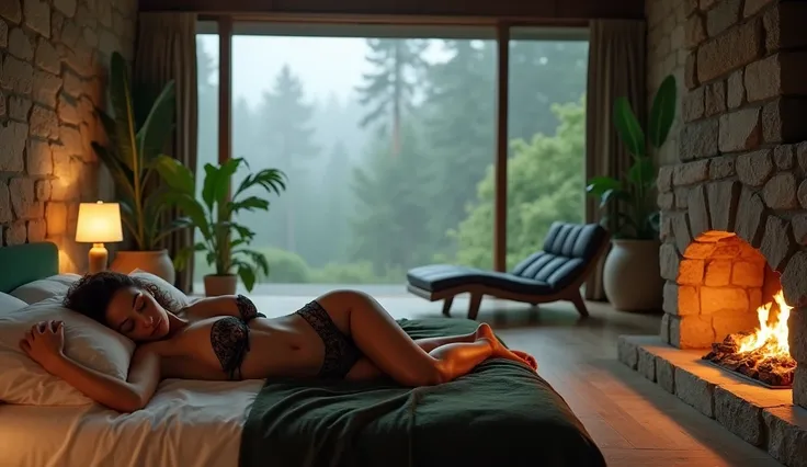 beautiful woman, big breasts size 4, wearing cheongsam lingerie, sleeping in A luxurious, rustic bedroom with floor-to-ceiling windows offering a misty forest view. The room features stone walls and polished wooden floors, with a large stone fireplace at t...