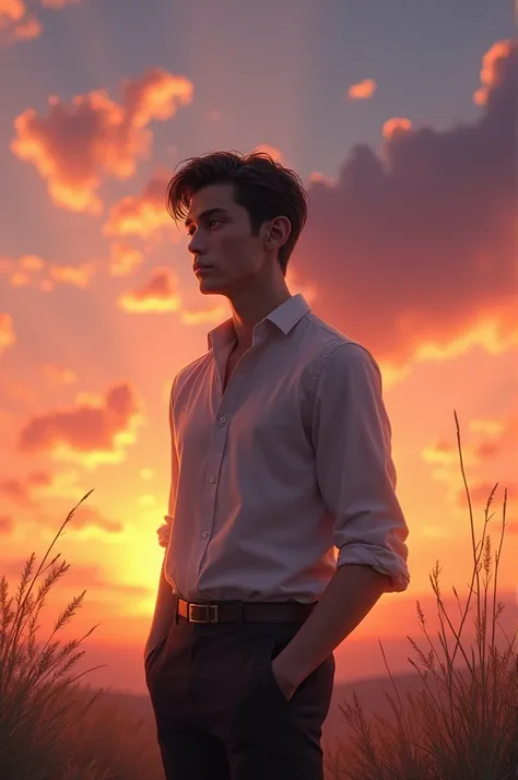 Handsome Alone boy with sunset 
