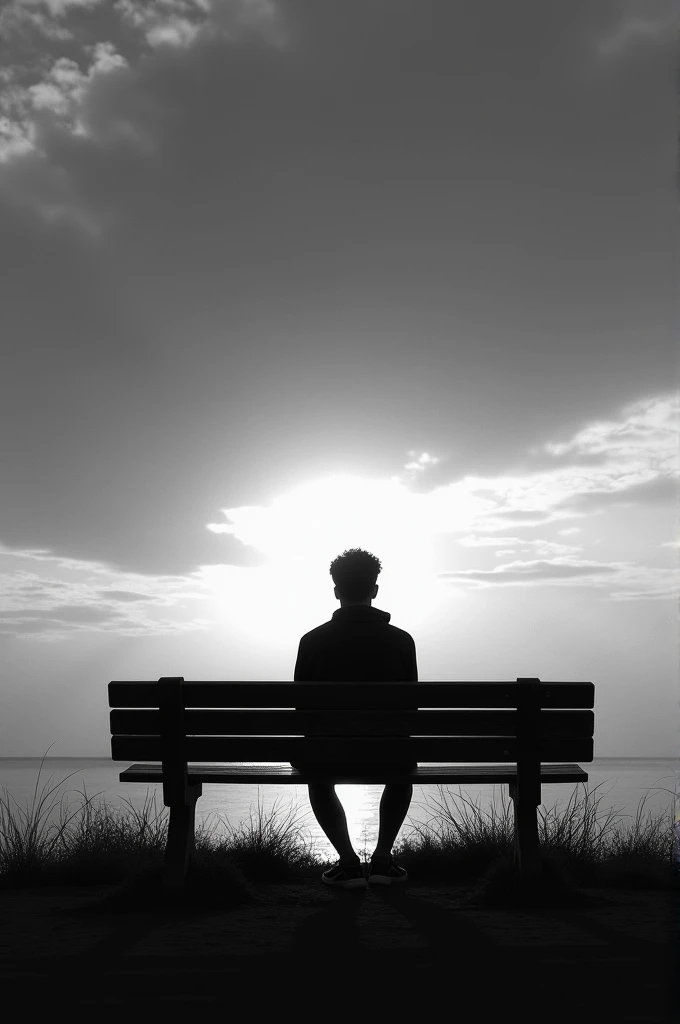 A video of a person sitting on a bench facing the sunset in black and white