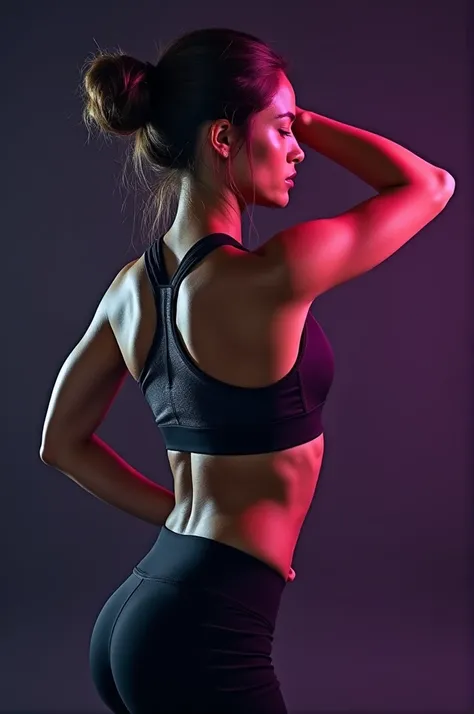 A design for the cover of the womens sportswear store website with a photo of a woman exercising with a purple and black theme, dimensions 5x3