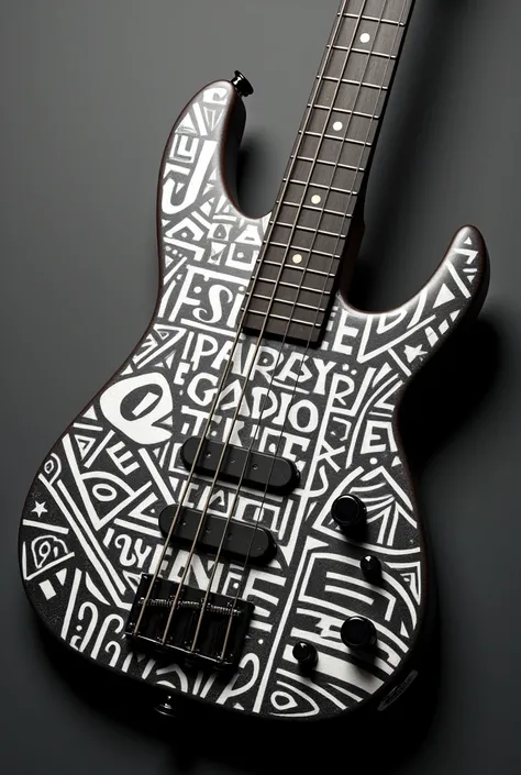 Create a design for an electric bass guitar using Andean fonts from Peru in lead, black and white