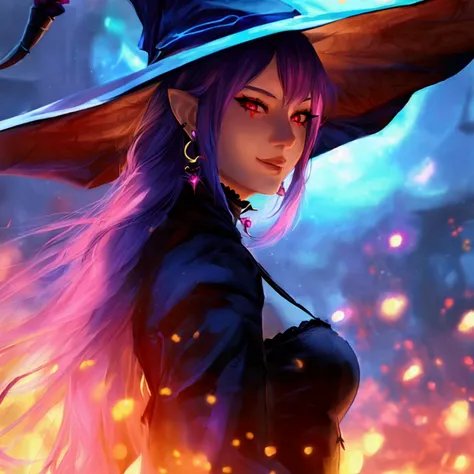 Female witch, sexy, bitch, xxx, long magenta hair, assassin clothing, magical circle, magenta fire, night light particles, Bangs, Earrings, pointed ears, Seductive smile, whole body 