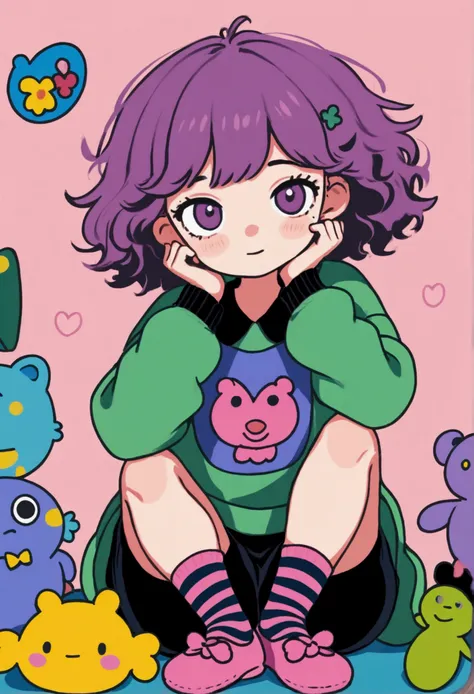 smiling, short curly hair, purple beanie hat, purple sweater with green collar, purple and black striped socks, colorful slipper...