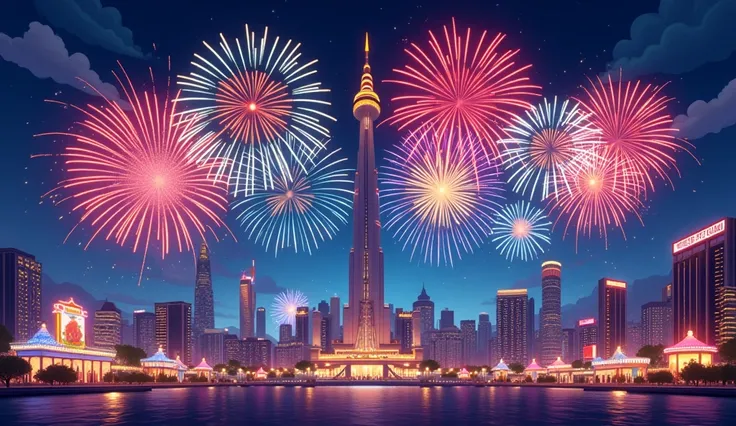 3d,cartoon style,45 degree angle view,Night view,[City,brilliant fireworks,national day,fireworks display,Fireworks of different colors,no characters,amusement park,There is 101 building,Matenri,casino,dark blue,deep red,No trees,