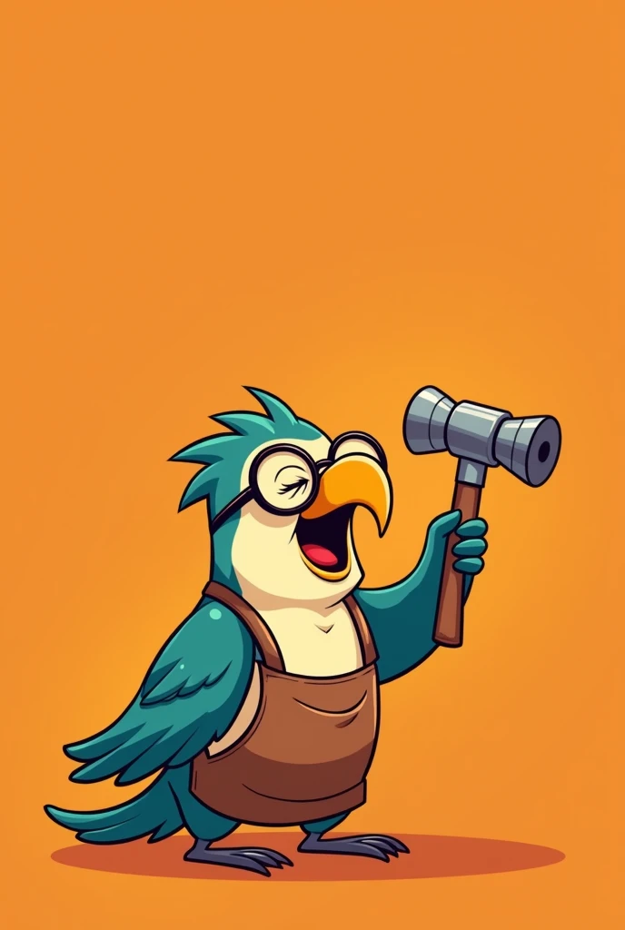 A parrot has a cute image. She wears round thin-framed glasses. She has a big mouth and holds a small metal hammer in her hand. She wears a metalworking apron and is laughing. The wings and body should be simplified. It can be like an illustration and then...