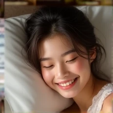 A  girl in a bed, with transparent pajamas, smile happily