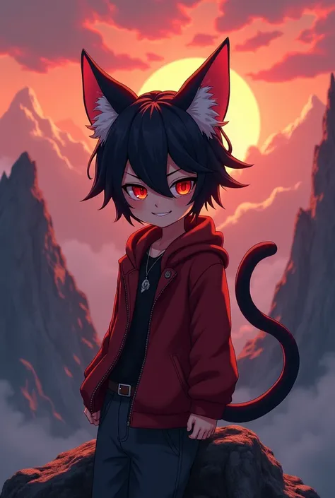 1boy, glossy dark black hair, red eyes, large sharp cat ears, cat tail, staring at viewer while grinning, mountainous setting, sunrise, 4k Resolution