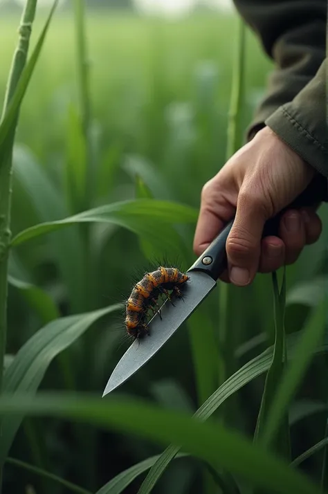 Someone killing a caterpillar on a crop with a knife 