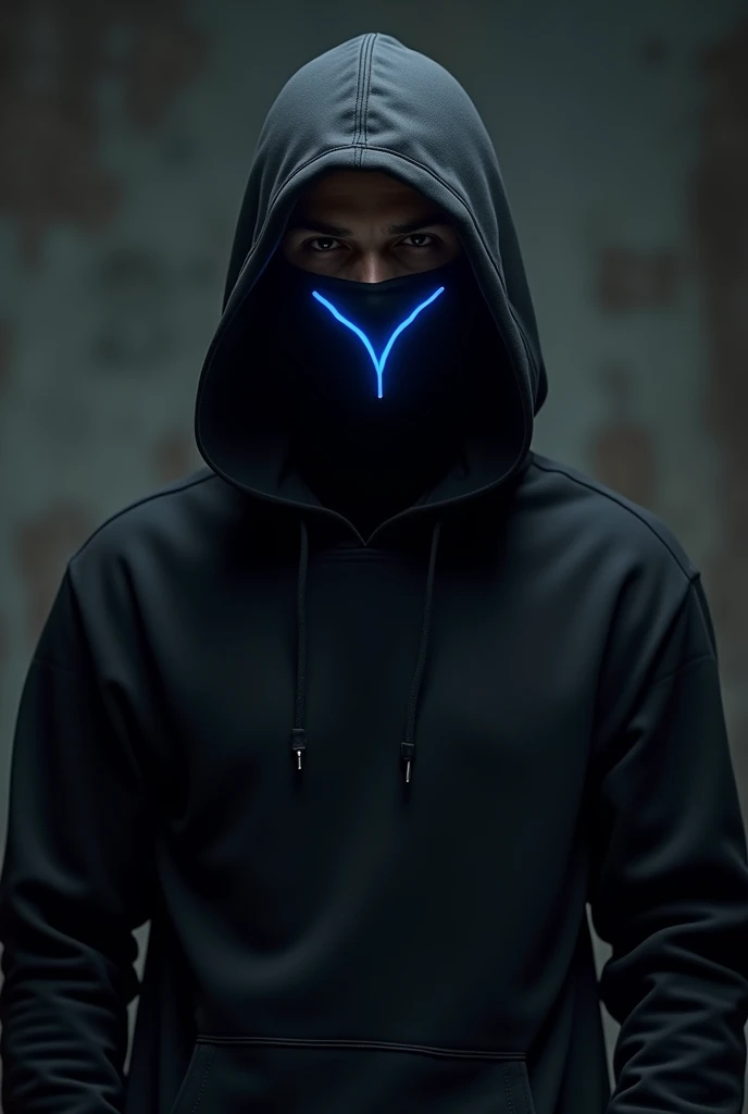 Man with black hoody wearing black mask with blue line and wearing black tshirt