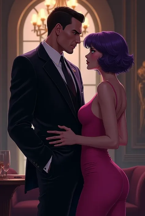 Mafia boss with a  girl with short wavy purple hair and racy pink dress. 