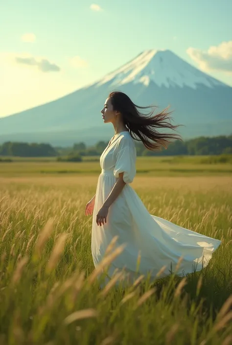 A beautiful Japanese woman stands in the center of a vast meadow, 30 meters away from the camera, facing slightly away and shouting towards it. The background features the majestic Mount Fuji, bathed in early morning light with a fantastical ambiance. The ...