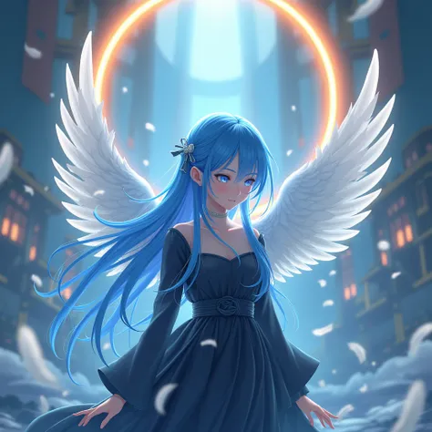 
Create a realistic image of the god of blue light, a girl with long blue hair. white angel wings lit up everywhere. Short black outfit There was a large god ring in the background and the scenery was filled with white feathers. warm dim light The backgrou...