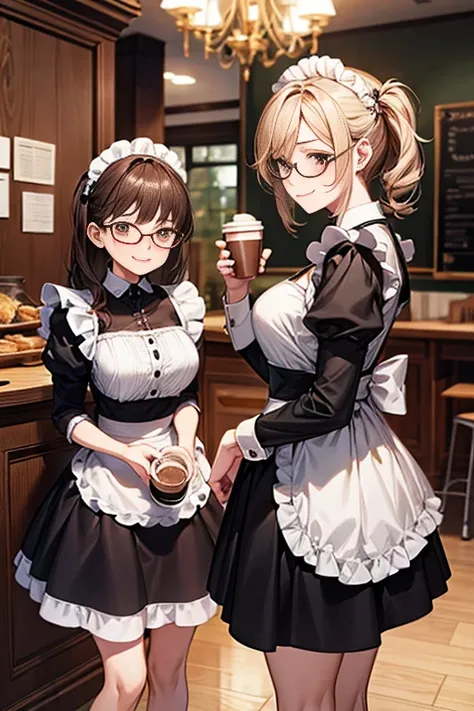 medium breasts, 2 girl, ultra detailed, best quality, high resolution, good friends, smile, maid clothes, glasses, coffee shop