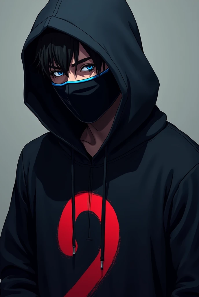 Man with black hoody wearing black mask with blue line and wearing black tshirt having (ZERO)with red colour in anime 