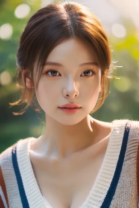 ((top-quality、8K、Photorealsitic, ​masterpiece:1.3)), 1 girl, hyperdetailed face, Detailed lips, detailed eyes, low ponytail,  dark Brown hair, Cleavage, summer sweater:1.1, (Light Particles、lens flare、glowing particles:0.6)