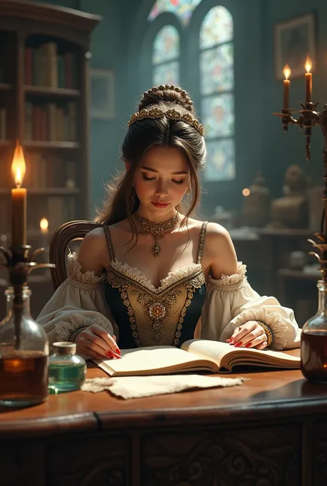 The PRINCESS sits at her desk, surrounded by potions and scrolls. She reads intently, her eyes burning with determination.