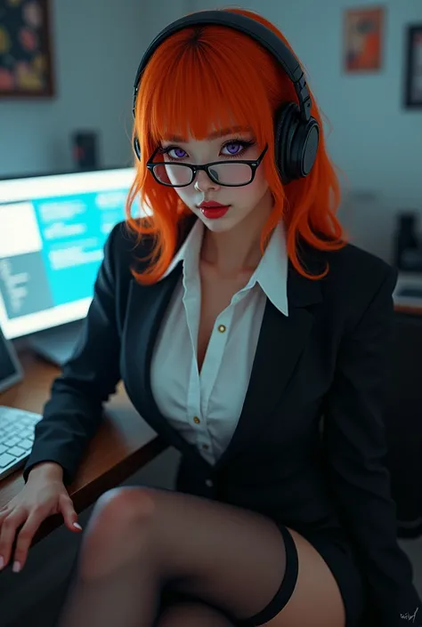 there is a woman sitting in a chair with a laptop, wearing a strict black business suit, sitting on a desk, in strict suit, on a desk, in a strict suit, japanese goddess, thighhighs and skirt, sat at her desk, sitting on a table, sitting at desk, wearing b...