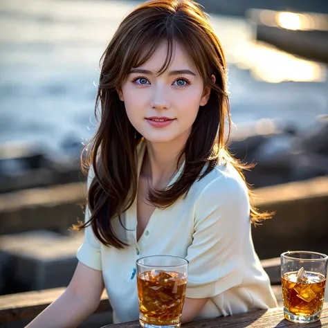 (Realistic, 超Realistic:1.4), 16K HDR, High resolution,((Whiskey Glass)),((Whiskey Bottle))、Brown short hair,The best smile、Japanese Actress,Super Beauty(Like the real thing),Short sleeve dress,Whiskey Bottle、The Macallan、Johnnie Walker、、Old Parr、whiskey、Su...