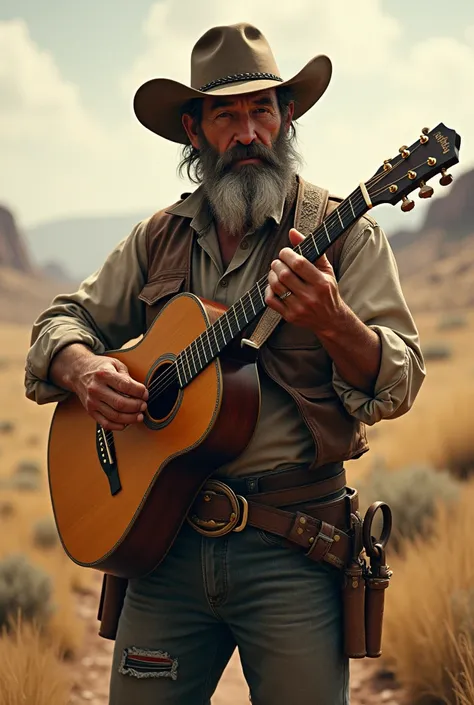 full beard cowboy playing guitar