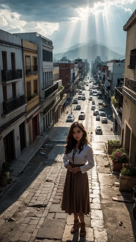 "In a Mexican urban landscape (Mexico City) devastated by an earthquake, captures the essence of unity and hope through a Mexican woman, beautiful, honey colored eyes, Wavy brown hair. Debris and damaged buildings mix with rays of golden light filtering th...