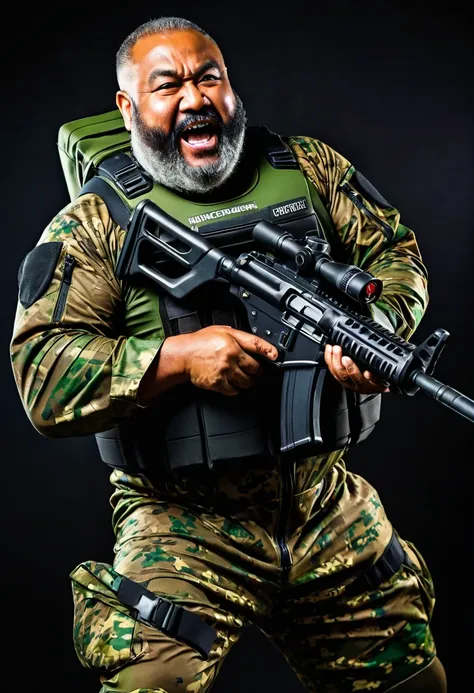 (a dark-skinned fat very muscular chubby bearded old man in a bulky army camouflage zipper diver suit) shooting with rifle, dynamic action pose, fierce expression, carrying a gun, muscular, imposing stature, Basuki Abdullah style, sumatraism, action, (a ch...