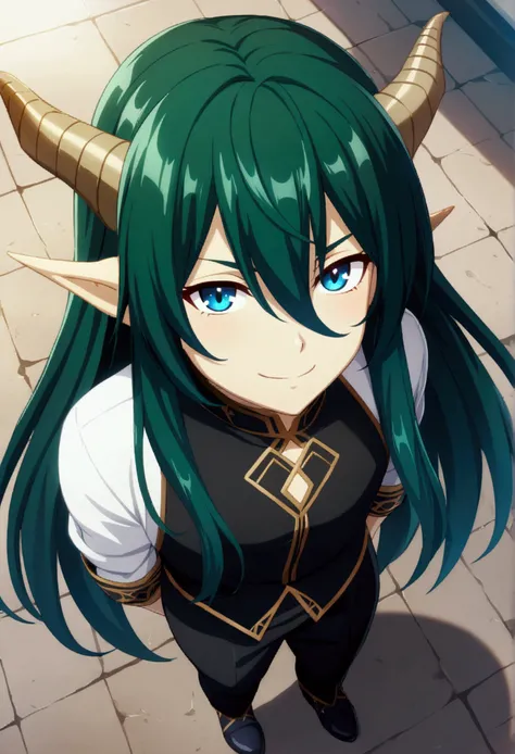 1boy, dark green long hair, hair between eyes, blue eyes, dragon boy, CG, dragon horns, naughty smile, fullbody