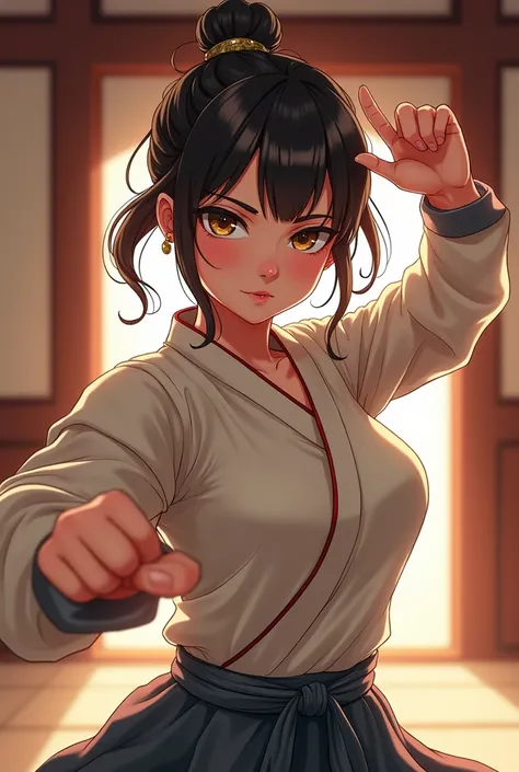 an anime illustration of a woman doing kung fu, trendy in the art station, focus on her face, female character, overflowing with positive energy, pointing pose; pursed lips, in a dojo, watermarks removed, in a luminist style, influencers, promotional rende...