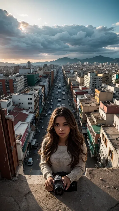 "In a Mexican urban landscape (Mexico City) devastated by an earthquake, captures the essence of unity and hope through a Mexican woman, beautiful, honey colored eyes, Wavy brown hair. Debris and damaged tall buildings mix with rays of golden light filteri...