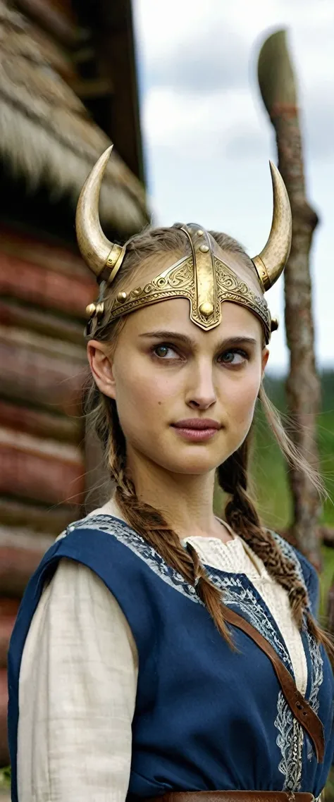 Side view, Viking girl,12 century,  looking at viewer, Sweden Young girl, beautiful female, Natalie Portman, (Highly detailed face, Ordinary eyes, Blue  eye,  gold hair, Variegated eyes, Fuller lips, little Lips, little smile), (Middle breasts, Slender Whi...