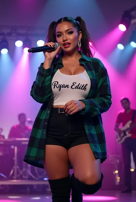 a beautiful Indonesian woman, quite chubby, Big Breasts, wearing a rolled up green-black plaid flannel shirt, white tank top underwear with writing "Ryan Edith" with a rather fancy font. wear a mini skirt like an idol and high-heeled knee-high boots, hair ...