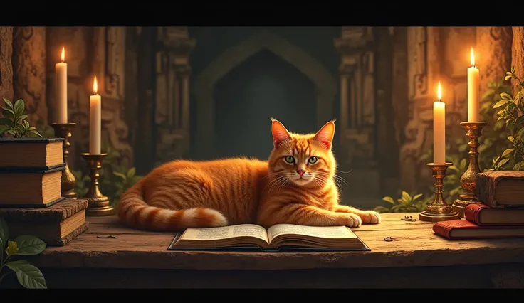 An orange cat is lying comfortably on a rustic wooden table, surrounded by candles and aged books. The ancient temple, with stone walls and decorated altars, is partially lit by the candle flames, while the cat watches with a curious look, as if he underst...