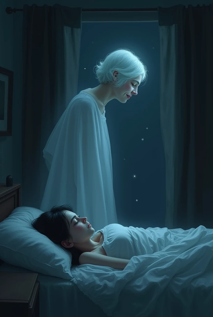 dark room, night, There is a window through which the moon can be seen inside the room. The spirit of a short-haired grandmother looks from afar with a tender expression at her adult daughter with long red hair who sleeps peacefully in her bed in the dark ...