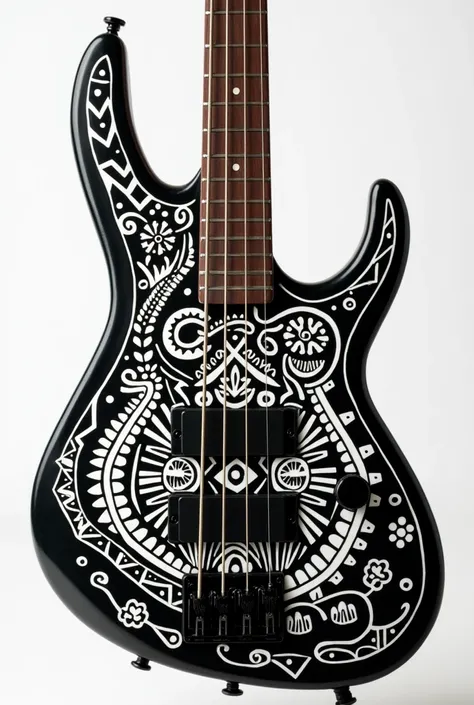 Create a design for an electric bass with Andean figures from Peru in lead, black and white