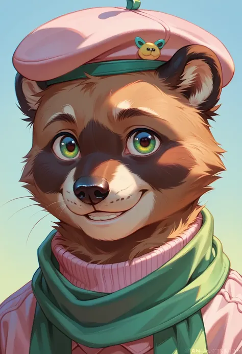 solo, (soft shading), 4k, hi res, (detailed face), detailed, (smile), detailed eyess, young, boy, portrait, close-up, pastel pink sweater, simple background, tanuki, (upper body), detailed reflections, yellow beret, pastel green scarf, detailed fur texture...