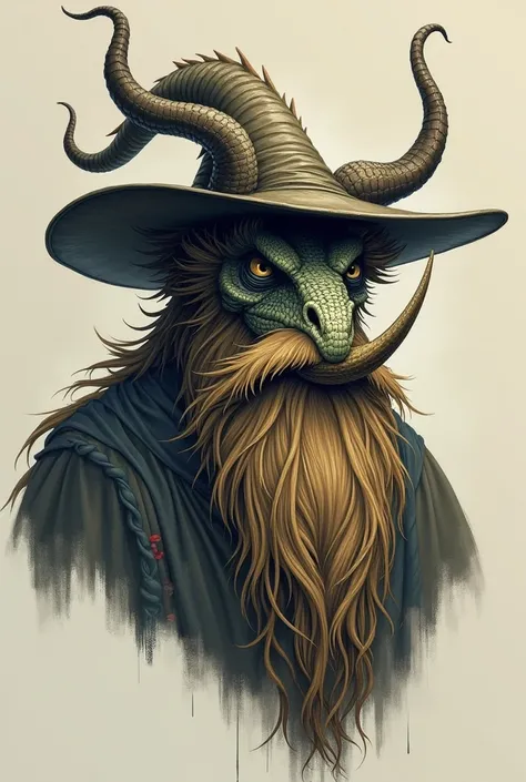 Draw a dragon wizard having tendrils beard, it’s a portrait picture, dragon is wearing hat having horns like S shape long and curvy also draw the nose horn too. Draw only tendrils place it beliw the nose