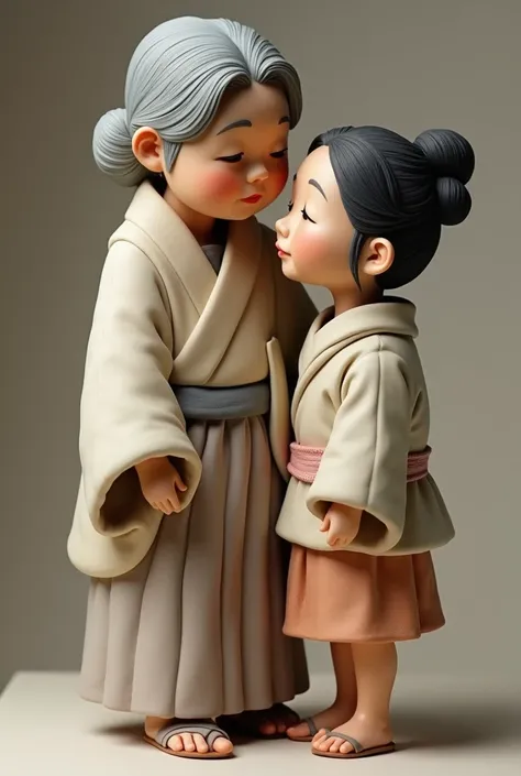 Old japanese lady and grand daughter fondant figurine standing looking in front
