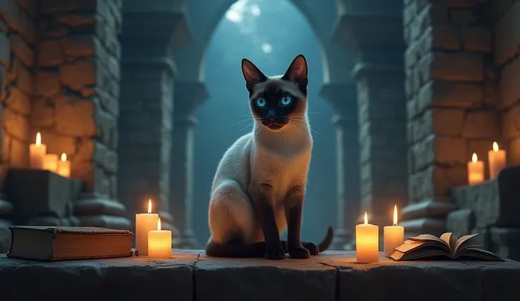 A Siamese cat sits elegantly on a table surrounded by lit candles and old books. The stone temple, with its walls worn by time, echoes the silent footsteps of the feline, who stares at the altar in front. The soft candlelight reflects in her blue eyes, Cre...