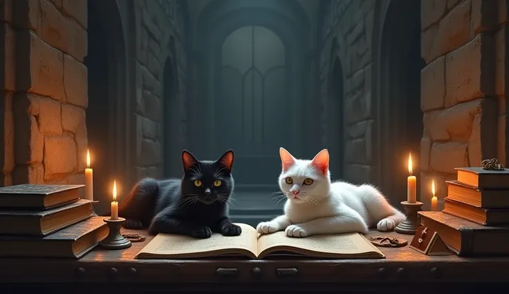 Two identical cats, black and white fur, are lying side by side on a table full of books and candles. The temple around them, with high arches and cold stone walls, is lit only by the candle flame. The cats, Real Estate, seem to be on guard, protecting the...