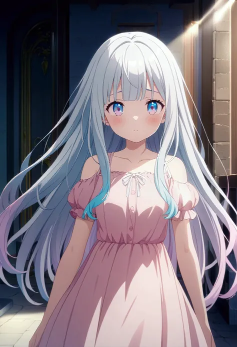 1girl, white silver hair, long hair, pink and blue eyes melt color, cute, cute dress pastel colors, CG, screenshot