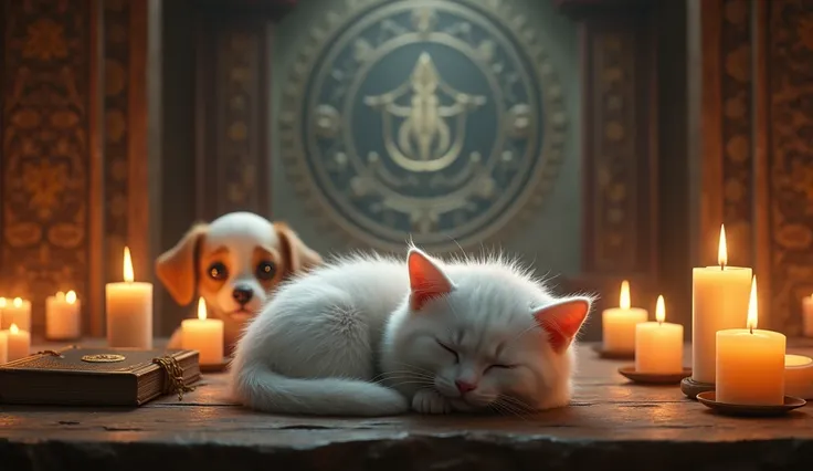 A white kitten rests peacefully on an antique wooden table, surrounded by lit candles and small grimoires. The temple, adorned with mystical symbols on the walls, is bathed in the flickering light of candles, while the puppy watches everything with its bri...