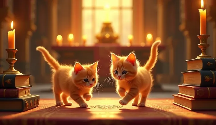 Two orange kittens are playing around a table covered with candles and old books. The temple, with its illuminated altar in the background, is immersed in a soft golden light, projected by the lit candles. The puppies, Curious onlookers, explore the surrou...